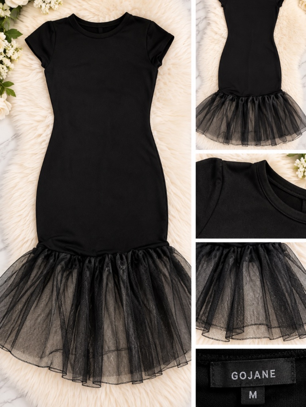 GoJane Black Bodycon Tulle Ruffle Hem Dress Size M